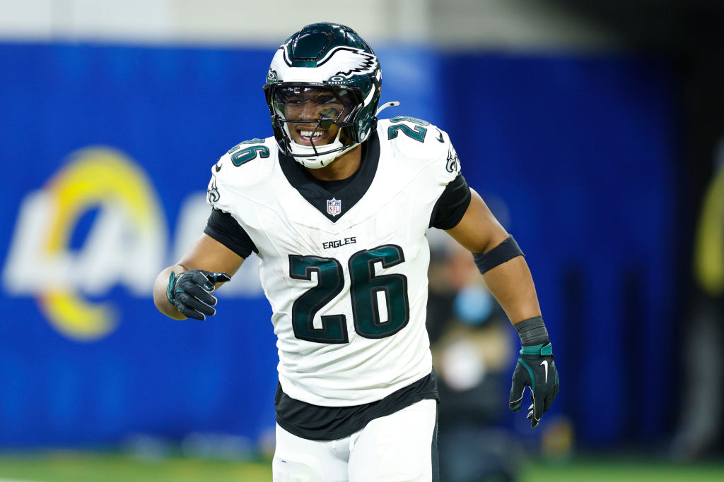 INGLEWOOD, CALIFORNIA - NOVEMBER 24: Saquon Barkley #26 of the Philadelphia Eagles celebrates after a touchdown during the third quarter against the Los Angeles Rams at SoFi Stadium on November 24, 2024 in Inglewood, California.