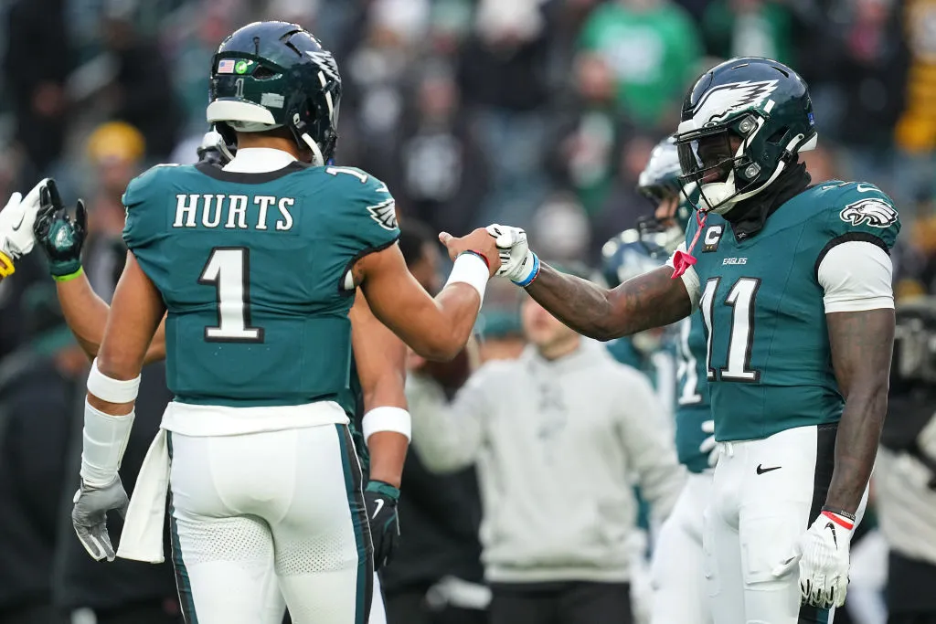 PHILADELPHIA, PENNSYLVANIA - DECEMBER 15: Jalen Hurts #1 of the Philadelphia Eagles greets A.J. Brown #11 of the Philadelphia Eagles on the field prior to the game against the Pittsburgh Steelers at Lincoln Financial Field on December 15, 2024 in Philadelphia, Pennsylvania. 