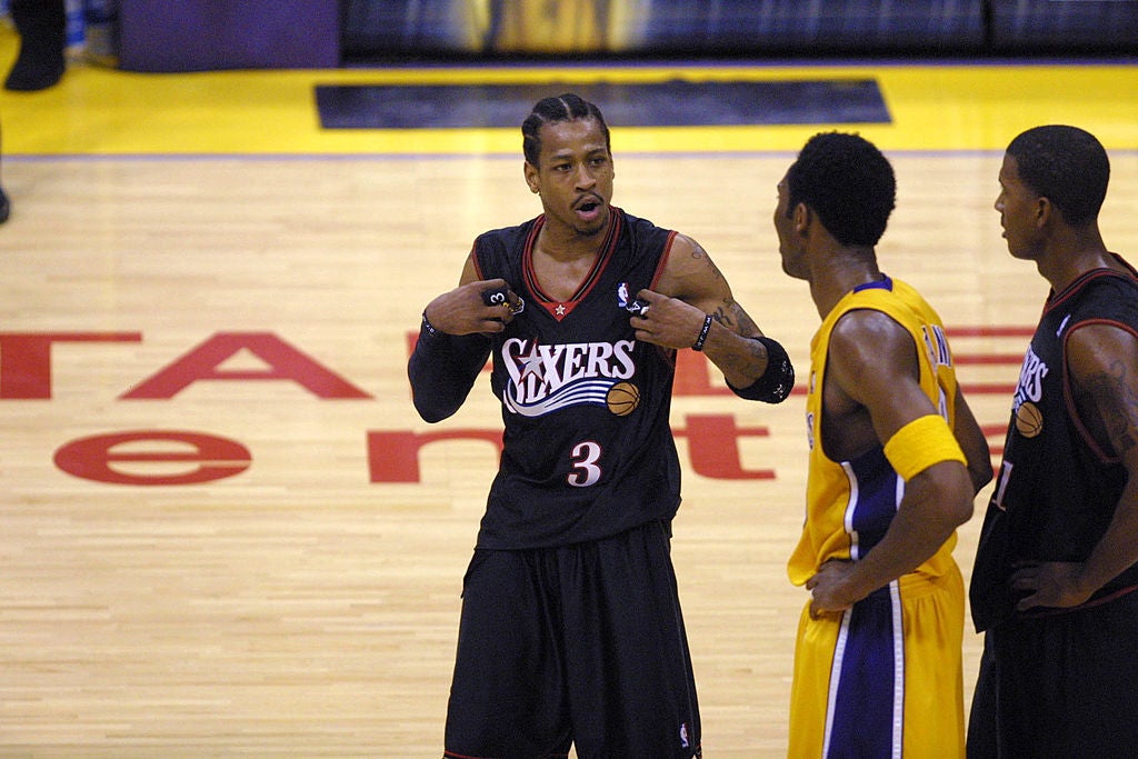 Allen Iverson #3 of the Philadelphia 76ers and Kobe Bryant #8 of the Los Angeles Lakers exchange words in game two of the NBA Finals at Staples Center in Los Angeles, California.  The Lakers won 98-89.  DIGITAL IMAGE.  